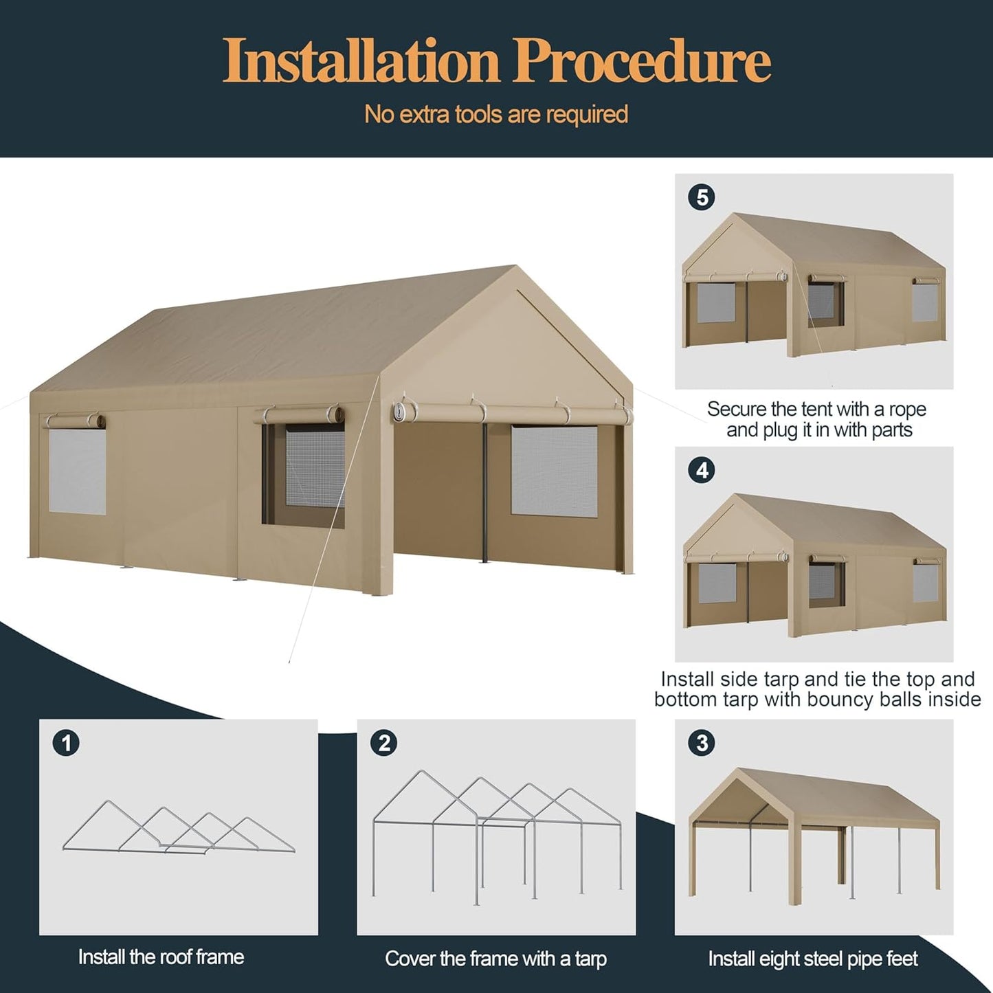 Shintenchi Carport 12' x 20' Heavy Duty Portable Garage, Car Port Canopy with Side-Opening Removable Door & Roll-Up Windows, Car Canopy for Truck,Car,Boat,Motorcycle,Khaki