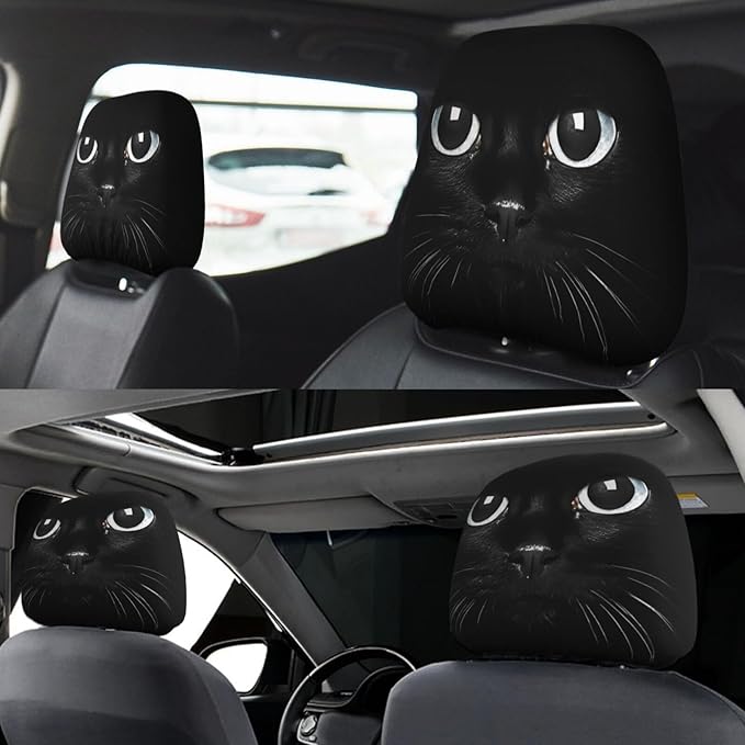 Dujiea 2 Pack Black Cat Car Headrest Covers, Universal Soft Car Seat Head Rest Protector, Vehicle Accessories Fabric Headrest Cover for Cars Vans Trucks