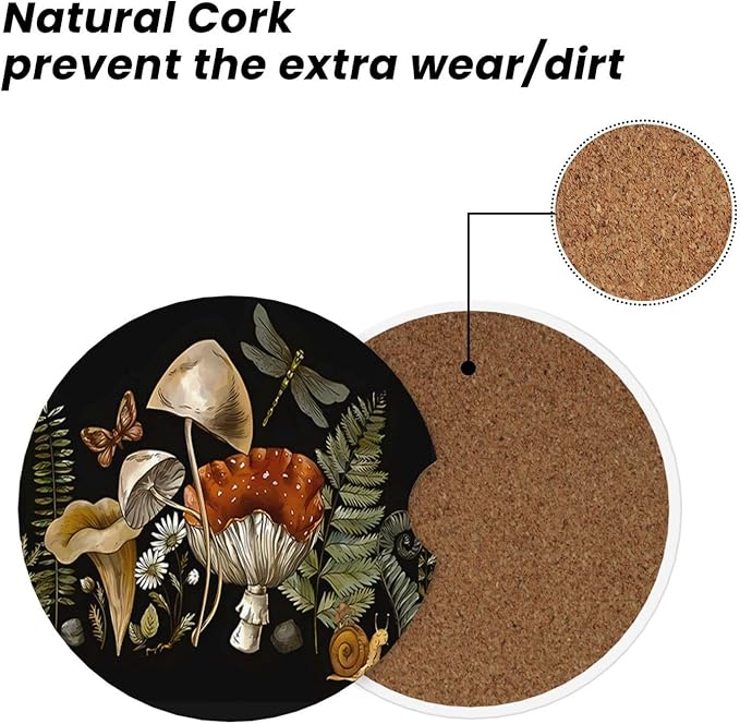 ABLESKY Car Coasters for Cup Holders, 2 Pack Absorbent Anti Slip Car Cup Holder Coasters, 2.56 Inch Ceramic Universal Size Auto Interior Accessories Women Men-Retro Mushroom