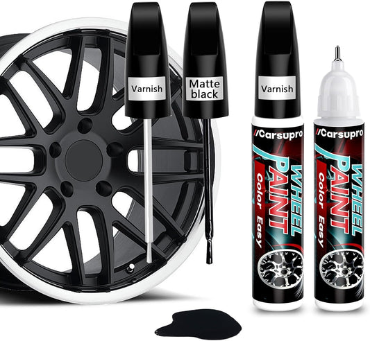 Black Rim Touch Up Paint. Wheel Scratch Repair Pen. Car Rim Paint Pen Quick And Easy Fix Rim Scratches,Rim Paint For Car Wheel Repair (2, Matte Black+Varnish)