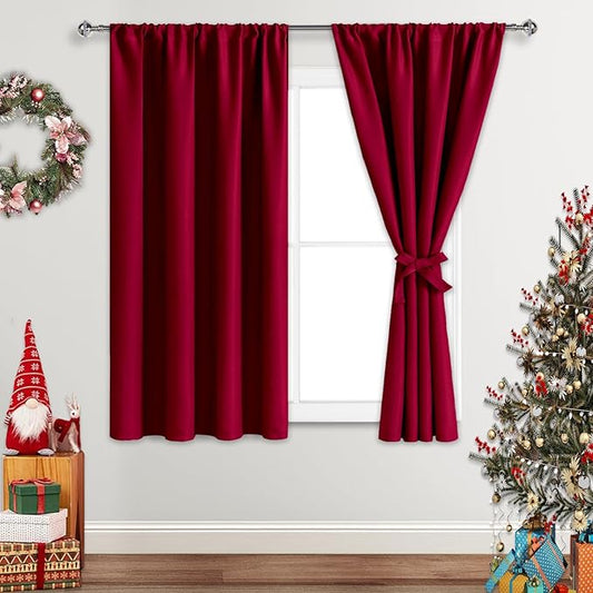 JIUZHEN Christmas Blackout Curtains for Bedroom - Thermal Insulated Room Darkening Rod Pocket Curtains for Living Room, Set of 2 Panels with Tiebacks, 38 x 45 Inch Length, Red