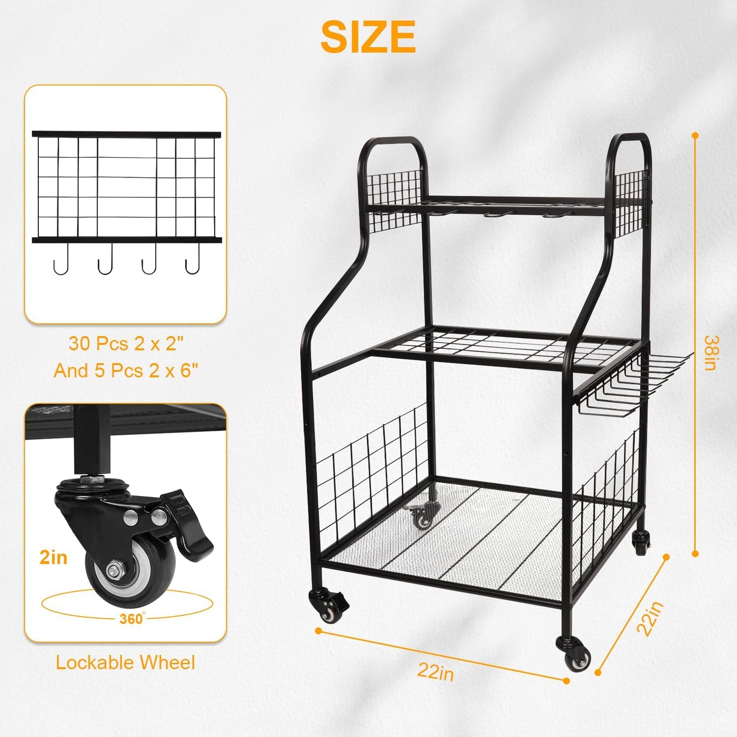 FZK Garden Tool Organizer,Heavy Duty Steel Yard Tool Organizer for Garage,Up to 49 Long-Handled Tools, Garden Tool Storage with Wheels,Garden Tool Organizer for Garage,Black
