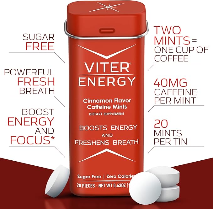 Viter Energy Caffeine Mints (120 Pieces) - 40mg Caffeine, Sugar Free, Vegan, B Vitamins Complex, Energy Supplement Caffeine Pills (Cinnamon, 6 Pack)