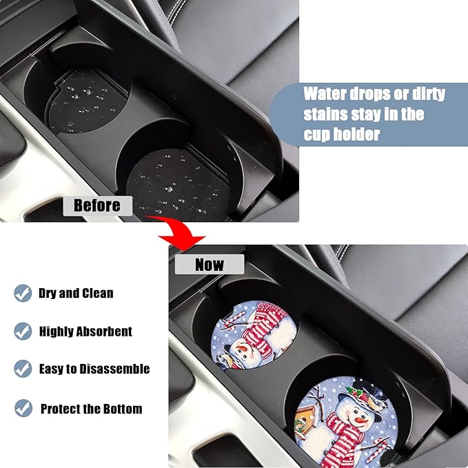 Car Cup Holder Coaster - Christmas Snowman Absorbent Ceramic Coaster, Car Coasters for Cup Holders, Auto Accessories for Women & Men, Pack of 2