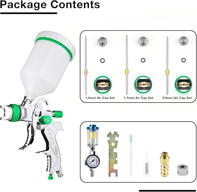 YUZES HVLP Paint Sprayer Gun with 1.4/1.7/2.0mm Nozzles, Easy to Use, Spray Paint Gun for Cars, Furniture, DIY Painting, Varnish and Top Coat, HVLP Paint Gun with Paint Sprayer Accessories (Green)