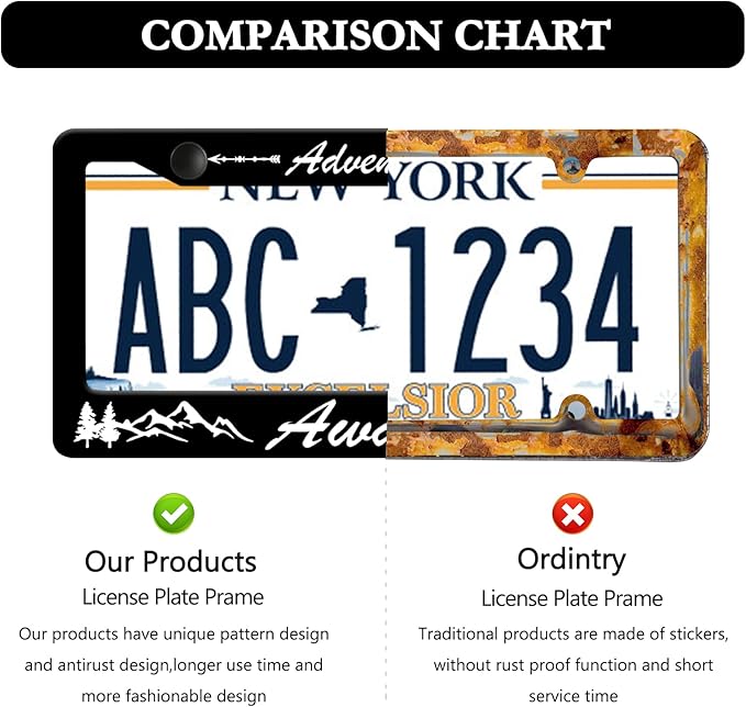 Adventure Awaits License Plate Frame - 2 PCS Mountains Tree Aluminum Metal License Plate Frames Holder, Rust-Proof Waterproof Car Decorative Tag Frames with Screws Fasteners Caps