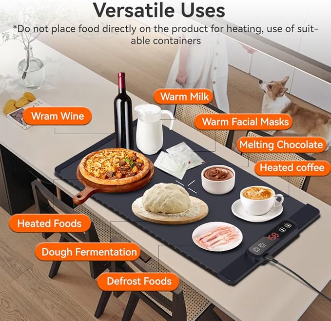 Electric Warming Tray, Fast Full Surface Heating Food Warming Mat, Portable Silicone Warmer with 5 Adjustable Temperature & Auto Shut-Off, Foldable Food Warmer for Parties, Gatherings, Daily Use