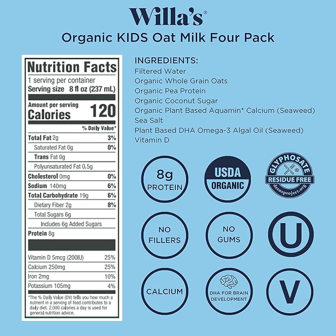 Willa's Organic Kid's Oat Milk with 8g Protein & 240g Calcium, Plant-Based Milk for Kids, Dairy-Free, Low Sugar, 2g Fiber – 8.25 oz, 16 Pack