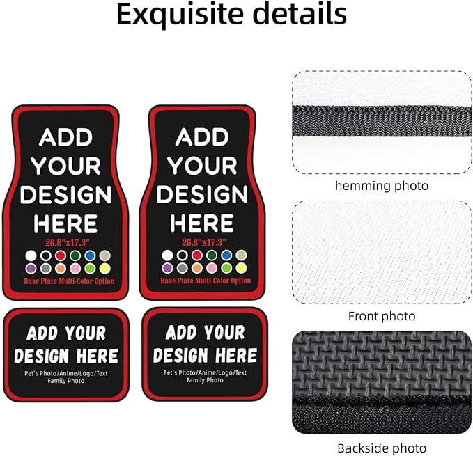 Personalized car mats 4 Pieces Custom Floor mats for Cars SUV Sedan Truck Van add Text and 3D Picture (New Black with Red)