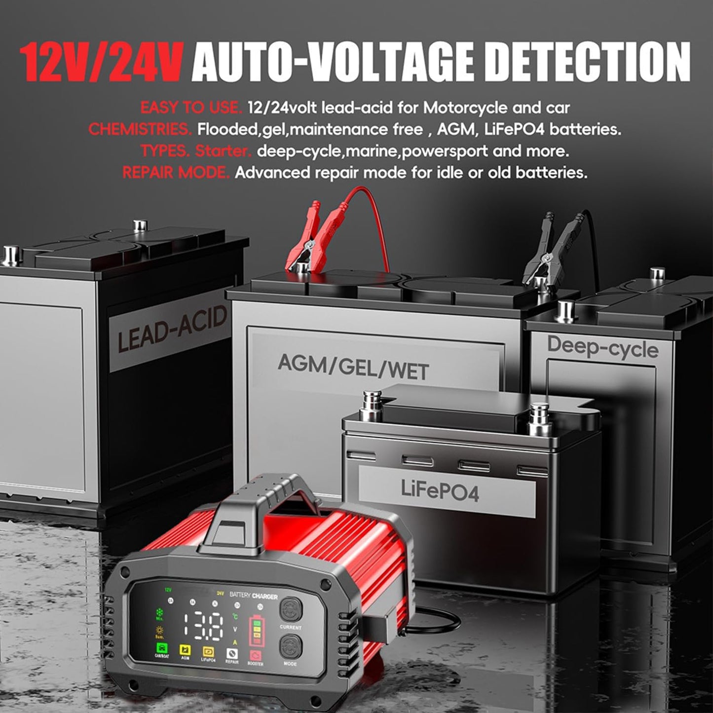 25A Battery Charger, 2/8/20/25 Amp 12V/24V LiFePO4 Lead Acid Fully Automatic Battery Maintainer with Engine Start, 8-Stage Car Battery Trickle Charger, Desulfator for AGM,STD,Gel,Deep Cycle Batteries