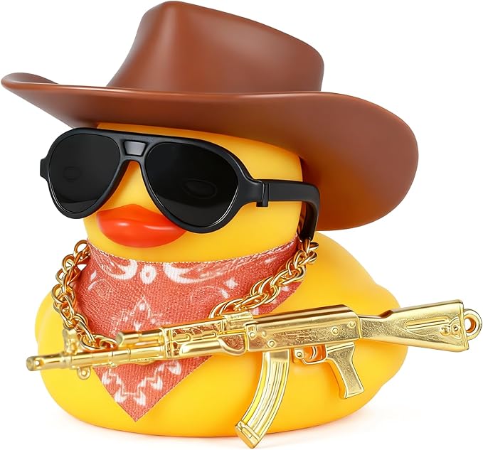 BOZILY Funny Cowboy Hat Rubber Duck Car Decor with Cowboy Hat Necklace Gun Scarf and Sunglasses - Mini Rubber Duckies with Accessories for Dashboard, Office & Home Decor