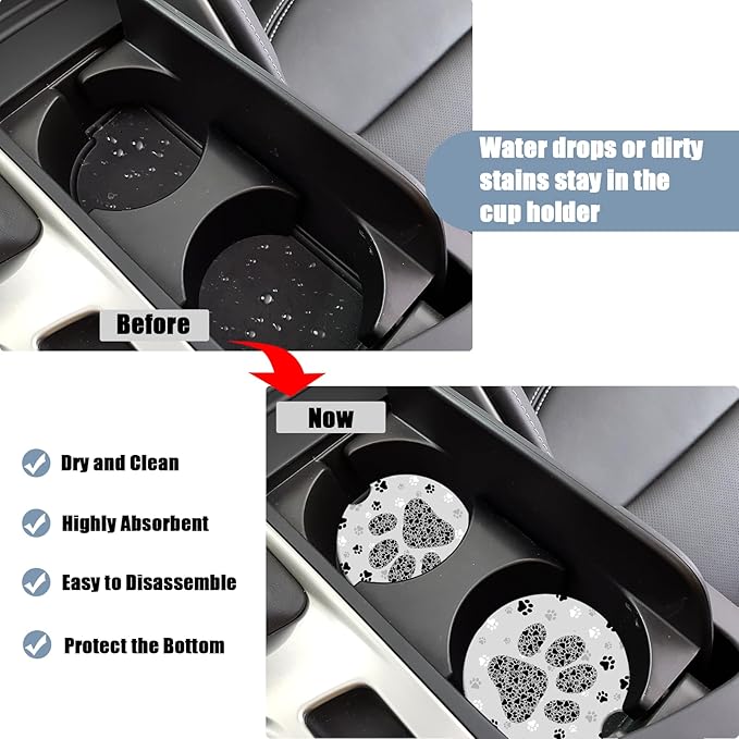 Car Cup Holder Coaster - Black and Gray Paws Absorbent Ceramic Coaster, Car Coasters for Cup Holders, Auto Accessories for Women & Men, Pack of 2