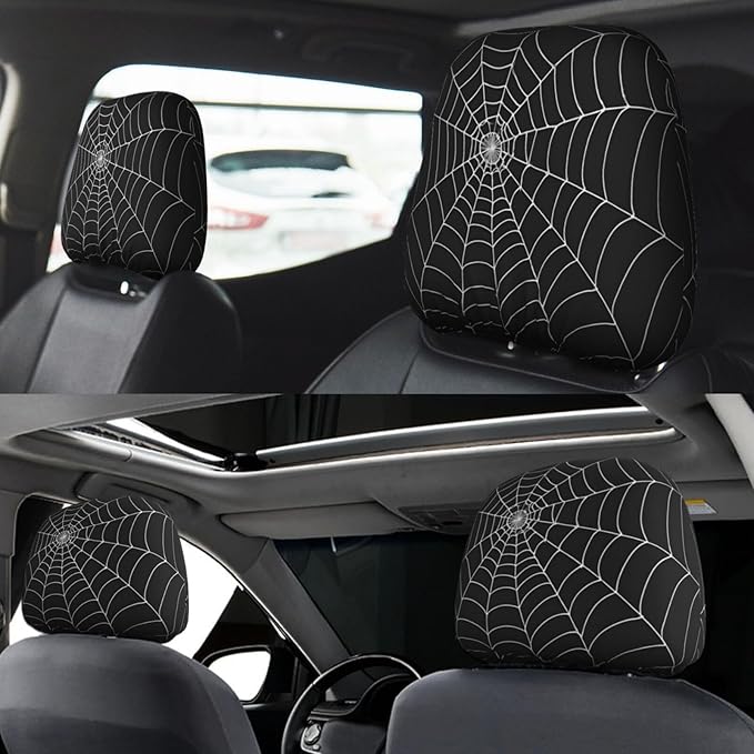 Dujiea 2 Pack White Spider Web Car Headrest Covers, Universal Soft Car Seat Head Rest Cover Protector, Vehicle Accessories Fabric Headrest Cover for Cars Vans Trucks