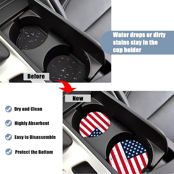 Car Cup Holder Coaster - American Flag Absorbent Ceramic Coaster, Car Coasters for Cup Holders, Auto Accessories for Women & Men, Pack of 2