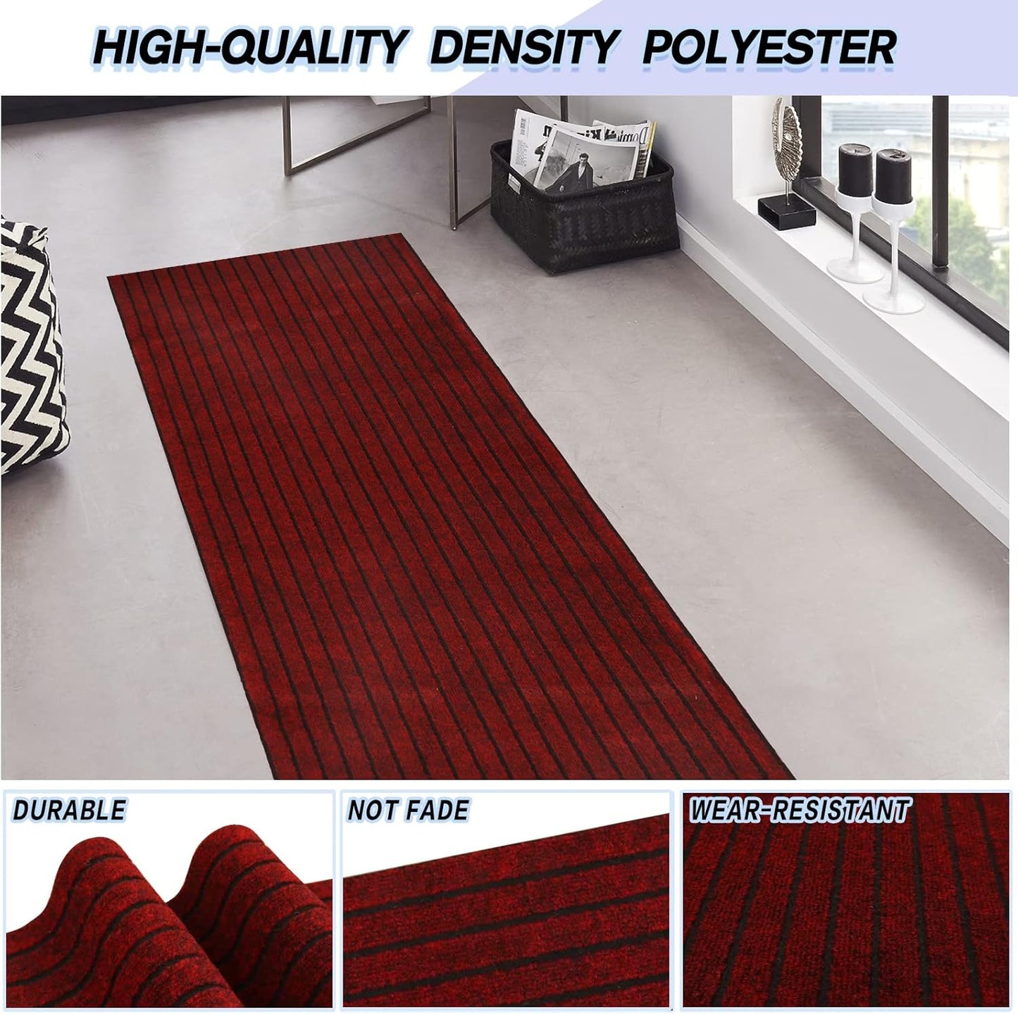 Custom Size Backed Non-Slip Area Rugs Runner, Easy Clean, Waterproof Runner Rugs for Hallway Entryway, Kitchen, Laundry, 4FT x 15FT, Red Stripe