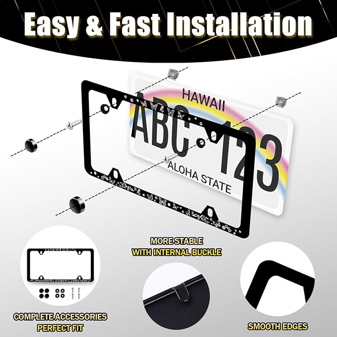 Butterfly Floral Leaves License Plate Frame Boho Butterflies License Plate Holder Funny Auto Parts Stainless Steel Universal Black Cars Decoration for Men Women 12.2" x 6.2"