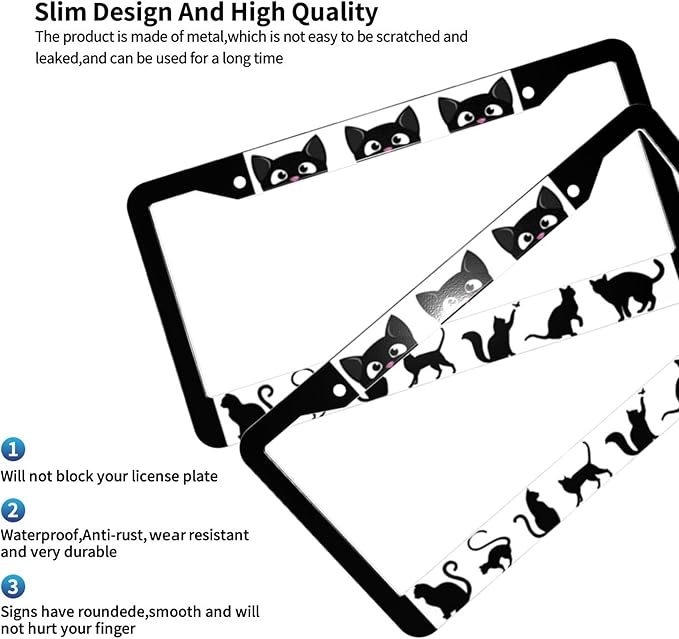 Cat License Plate Frame - 1 Pack Aluminum Metal License Plates Black Cat License Plate Holder Novelty Auto Car Tag Universal Car Accessories with 2 Holes