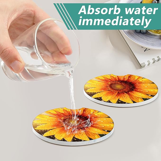2 Pack Car Cup Holder Coasters - Sunflower Raindrops Absorbent Ceramic Coaster, Car Coasters for Cup Holders, Car Interior Accessories for Women Men