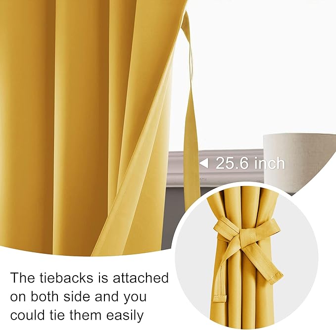 JIUZHEN Blackout Curtains for Bedroom - Thermal Insulated Room Darkening Rod Pocket Curtains for Living Room, Set of 2 Panels with Tiebacks, 42 x 96 Inch Length, Mustard Yellow