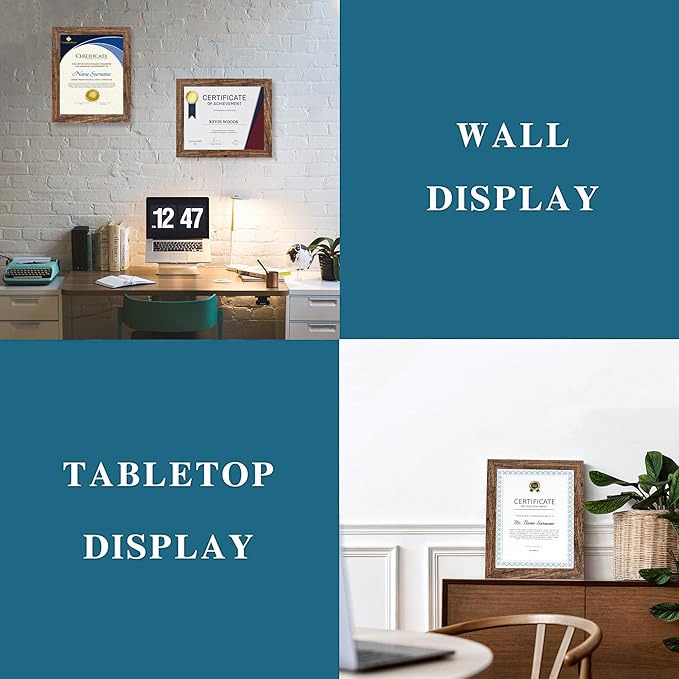 8.5 x 11 Picture Frame Set of 4, Made of Real Glass and Brown Certificate & Diploma Frame, 8.5 by 11 Photo for Wall or Tabletop - Display Picture 6x8 with Mat or 8.5x11 Without Mat