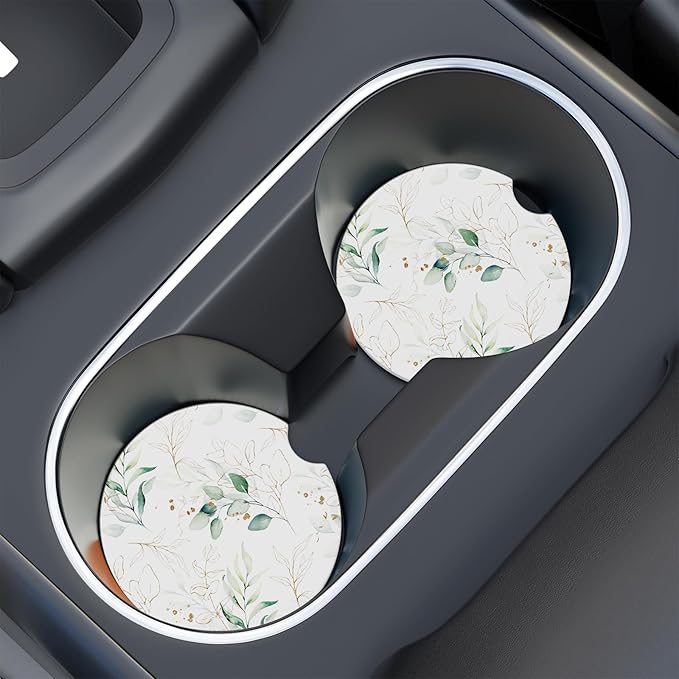 Car Cup Holder Coaster, Car Coasters for Cup Holders, 2 Pack Universal Anti Slip Insert Absorbent Ceramic Auto Interior Accessories with A Finger Notch & Cork Base, Leaves