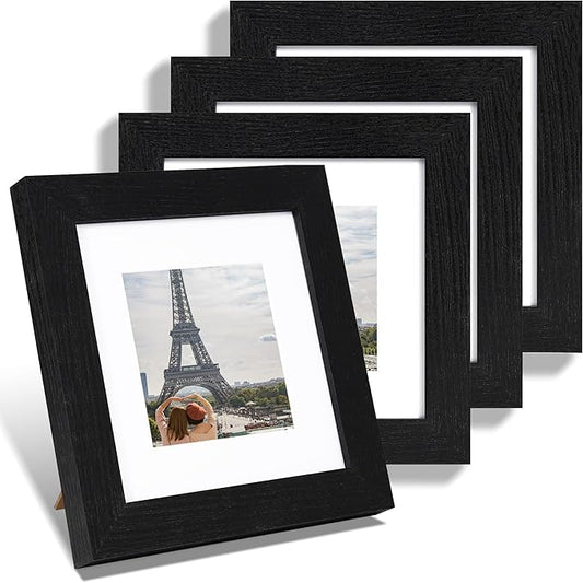 6x6 Picture Frame Set of 4, Made of Glass and Rustic Black Wooden Frame - Display Picture 4x4 with Mat or 6 x 6 Without Mat, 6x6 Photo for Wall or Tabletop
