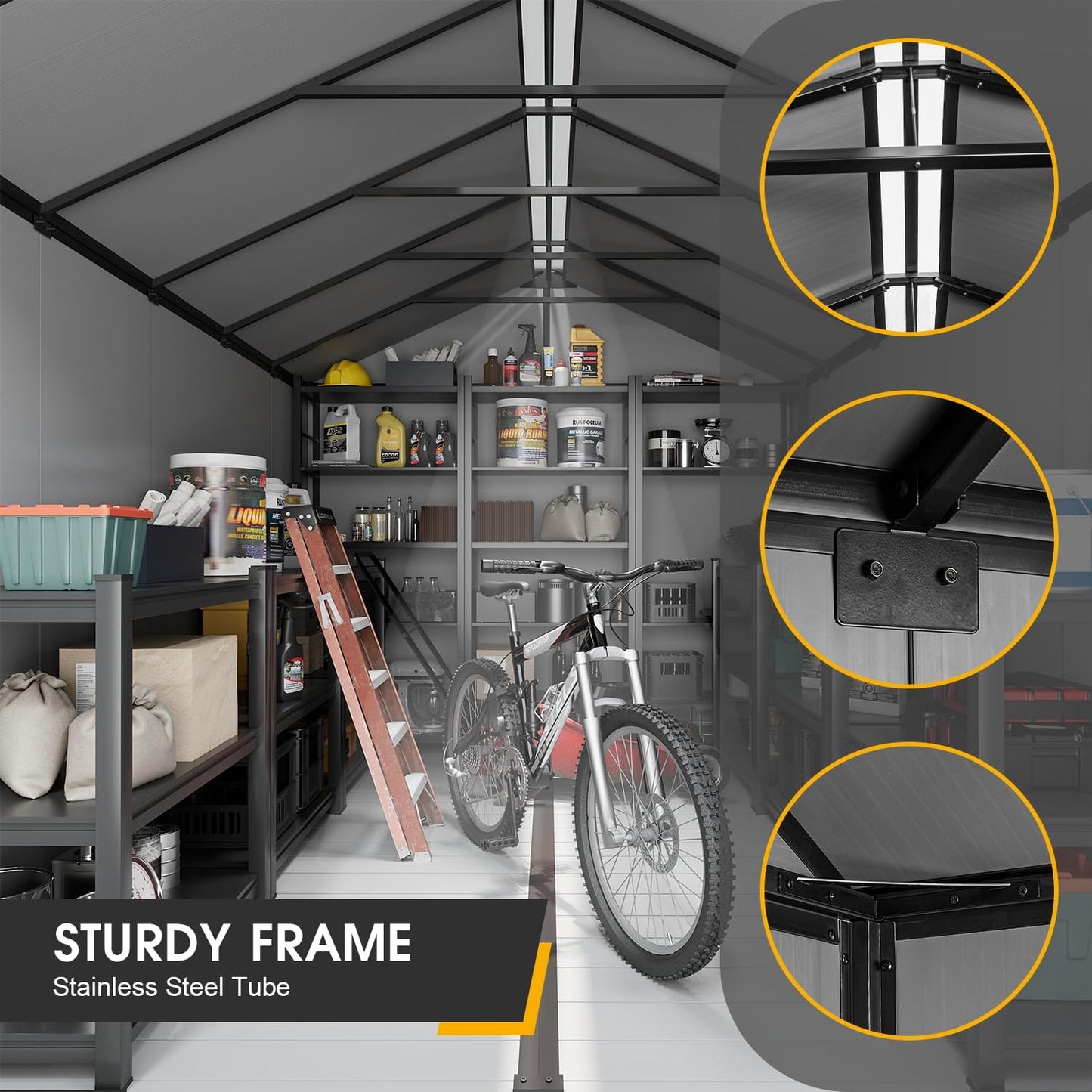 8 x 6 FT Resin Outdoor Storage Shed, All-Weather Plastic Garden Shed with Floor, Lockable Doors & Windows, Plastic Tool Shed for Poolside, Backyard, Patio