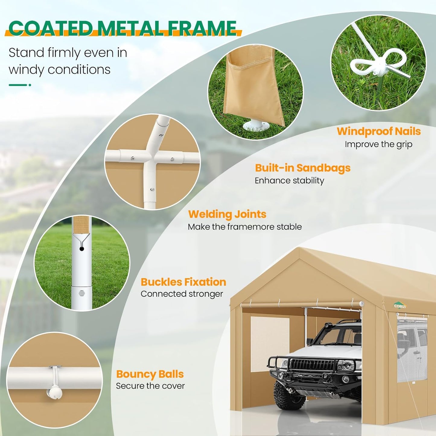 COBIZI Carport Canopy 12x20 Heavy Duty Portable Garage with Roll-Up Ventilation Windows & Doors, Removable Sidewalls Car Canopy Tent Waterproof with Built-in Sandbags for Cars, Boats, Trucks, Khaki