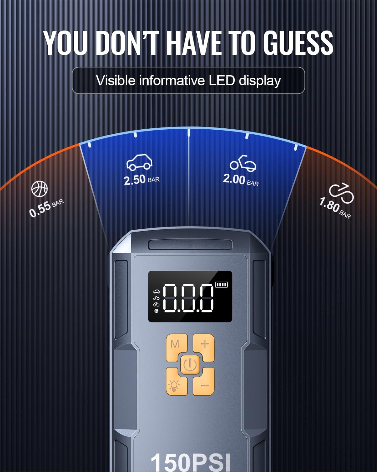 Portable Car Jump Starter with Air Compressor, 150PSI Jump Box Battery Pack with Digital Tire Inflator,12V Booster Pack with Large LCD Display, Emergency Light