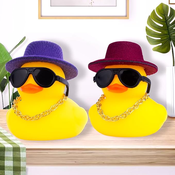 Rubber Duck Car Ornaments Duck Car Dashboard Decorations Accessories with Mini Top Hat Necklace and Sunglasses(T5)