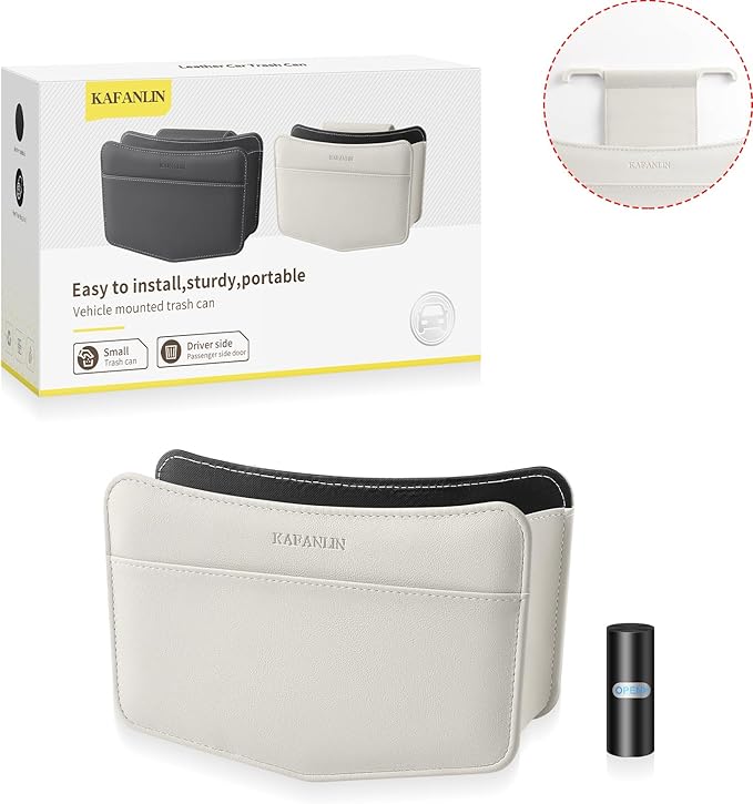 Car Trash Can Small Leather Vehicle Trash Bin Car Dustbin Garbage Organizer Holder with Trash Bag Foldable Mini Cars Storage Bag Container for Auto SUV Van Trucks (White,Hanging Hook)