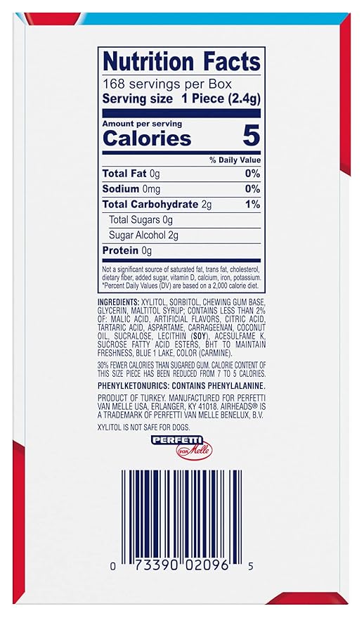 Airheads Candy, Chewing Gum, Blue Rasberry Flavor, Sugar Free, Xylitol, 14 Sticks per Pack, Box of 12 Packs