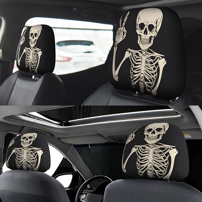 Dujiea 2 Pack Funny Skull Finger Car Headrest Covers, Universal Soft Car Seat Head Rest Protector, Vehicle Accessories Fabric Headrest Cover for Cars Vans Trucks