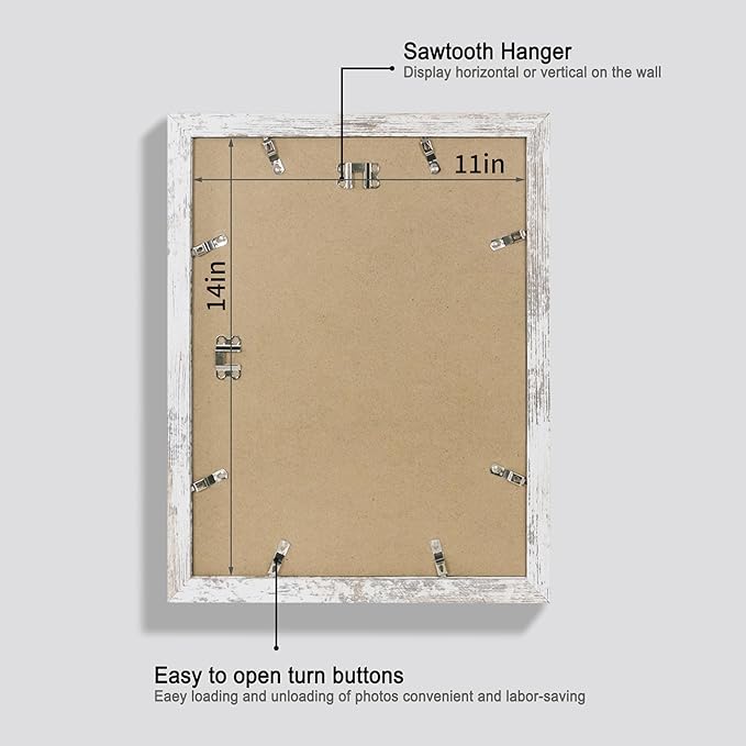 11x14 Picture Frame Set of 4, Made of Glass and Distressed White Wooden Frame, Display 8x10 Pictures with Mat or 11 x 14 Posters without Mat for Wall Mounting, Gallery Photo Frames
