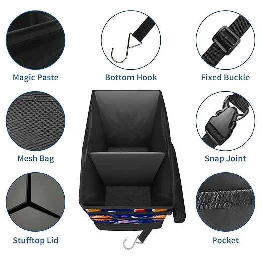 Car Trash Can Navy Blue Space Planets Art Large Storage Garbage Can with Lid Hanging for Back Seat Leakproof Automotive Vehicle Trash Bin