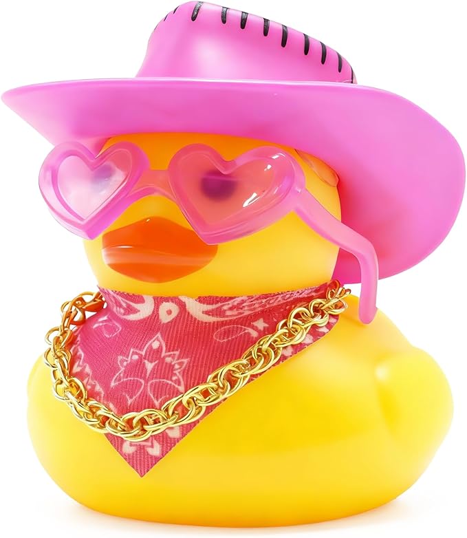 Funny Rubber Ducks for Car & Home Decor - Mini Rubber Duck with Cowboy Hat, Pink Heart Sunglasses, Scarf & Gold Chain | Easy DIY Squeaky | Pink Car Accessories Gift for Adults,Car Enthusiasts