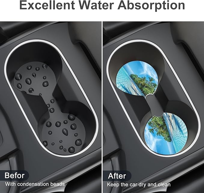 Car Cup Holder Coaster, Car Coasters for Cup Holders, 4 Pack Universal Anti Slip Insert Absorbent Ceramic Auto Interior Accessories with A Finger Notch & Cork Base, Sky and Sea