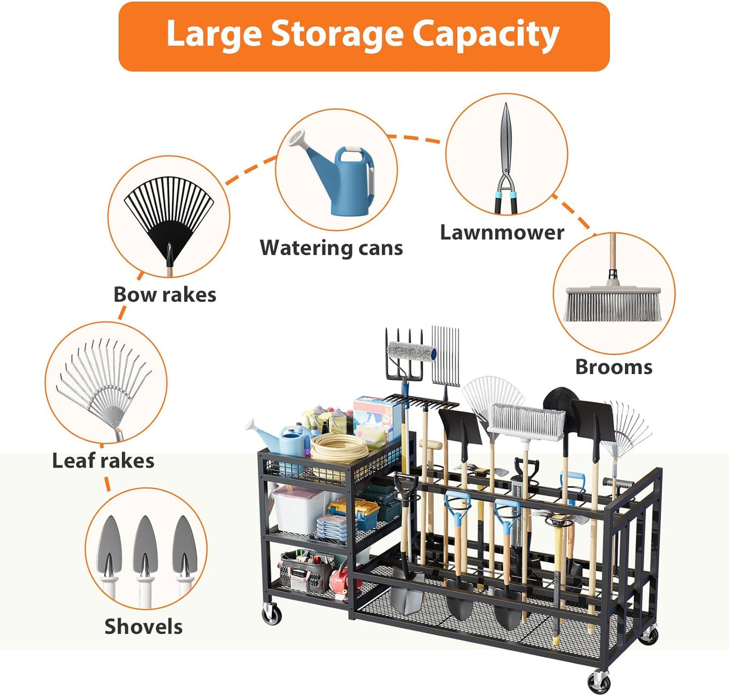 Garden Tool Organizer with Wheels-Movable Garden Tool Rack with Storage Hooks for Long-Handled Tools/Rakes/Brooms/Shovels,Heavy Duty Metal Garden Tool Storage for Garage,Shed,Garden,Black