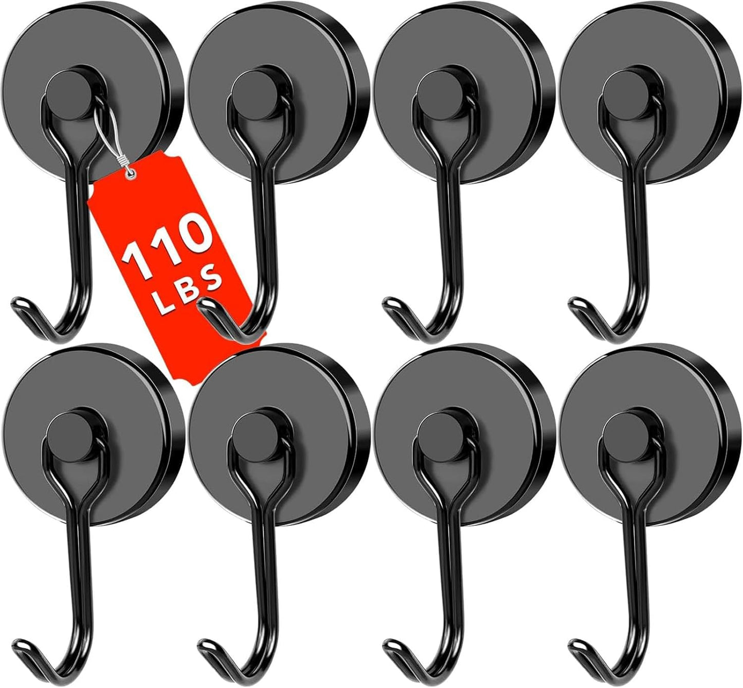 DIYMAG Black Magnetic Hooks, 110LBS Strong Magnetics Heavy Duty, Cruise Ship Essentials Magnets with Metal Hook for Hanging Refrigerator Home Kitchen Office, 8Pack