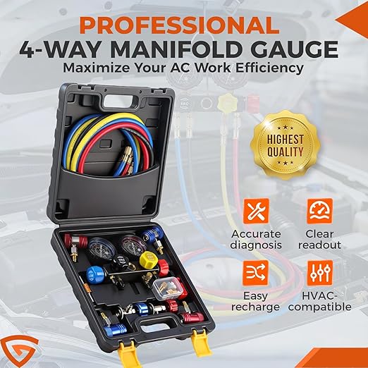 GEARLAST 4 Way AC Manifold Gauge Set for 1234yf R134a R404a Refrigerant, HVAC Automotive Gauge Set AC Refrigerant Charging Recovery Tool Kit with Quick Couplers