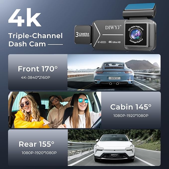 3-Channel 4K Dash Cam, Front 4K + Interior & Rear 1080P, 3.39" IPS Touchscreen, Fisheye Wide-Angle Lenses, WiFi App, Parking Mode, G-Sensor, Supercapacitor, 64GB Card Included