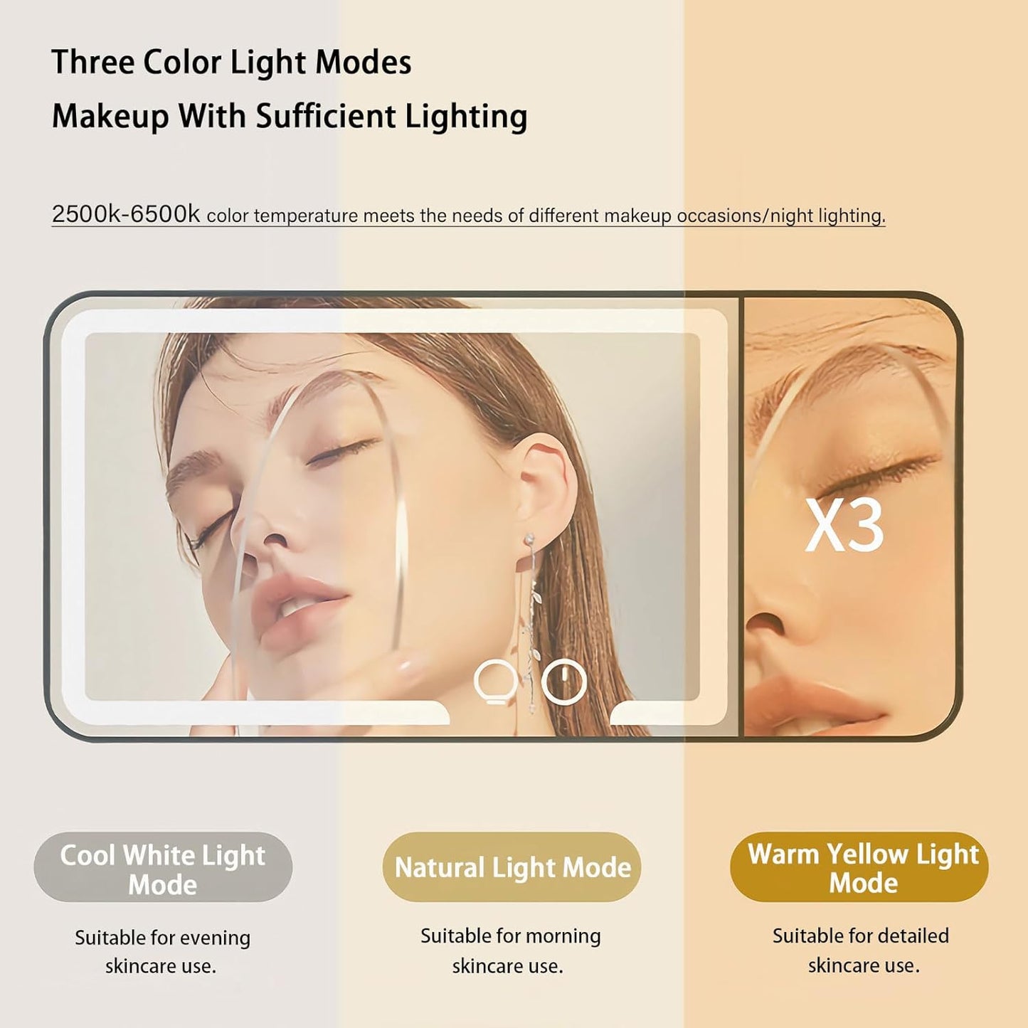 Car Sun Visor Vanity Mirror, Dimmable Touch Screen Makeup Mirrors with 3 Light Modes & 3x Magnifying for Women Detailed Makeup Universal Clip-on Rear View Sun-Shading Cosmetic Mirror (White)