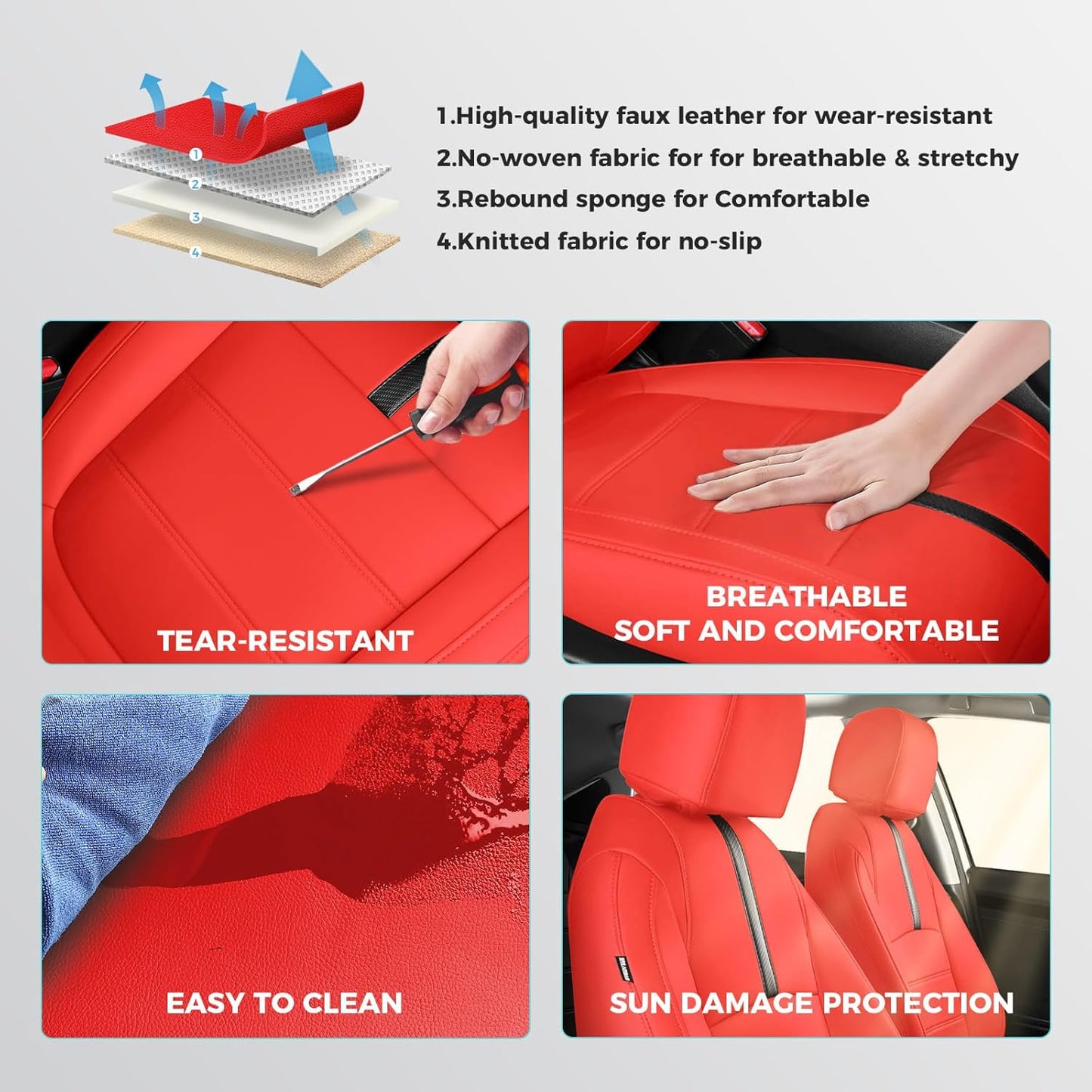 Seat Covers for Honda Civic Sedan 4DR Sedan LX 2022 2023 2024 2025.Faux Leather Car Seats Cover Full Set,(Rear Row Solid Folding Backrest)-RED