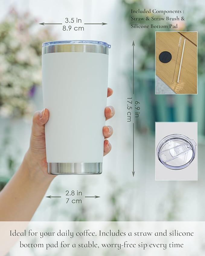 Travel Coffee Tumbler 20oz, 8 Pack Leakproof Travel Coffee Mug with Lid and Straw, Stainless Steel Double Wall Vacuum Insulated Tumbler for Hot/Iced Drinks (Textured Matte, White)