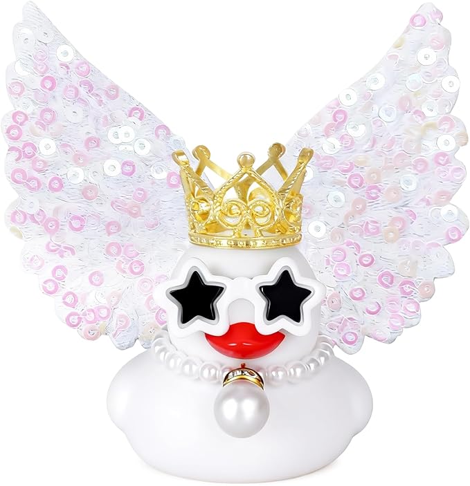 BOZILY White Rubber Ducks Angel Decor with Glitter Wings, Crown, Star Sunglasses & Pearl Necklace - Squeaky Dashboard Decoration for Car, Stress Relief Gift, DIY Fun Accessories