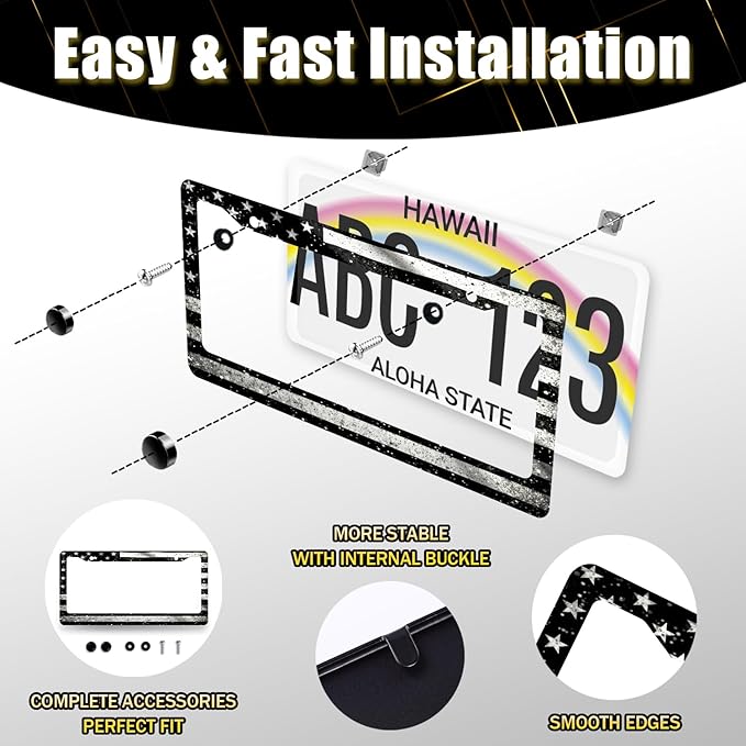 Black Grey American Flag License Plate Frame Retro Flag License Plate Stainless Steel Patriotic Accessory Cars Decor for Men Women 12.2 X 6.2 Inch with Holes Screws Fits Standard Us Ca Vehicles