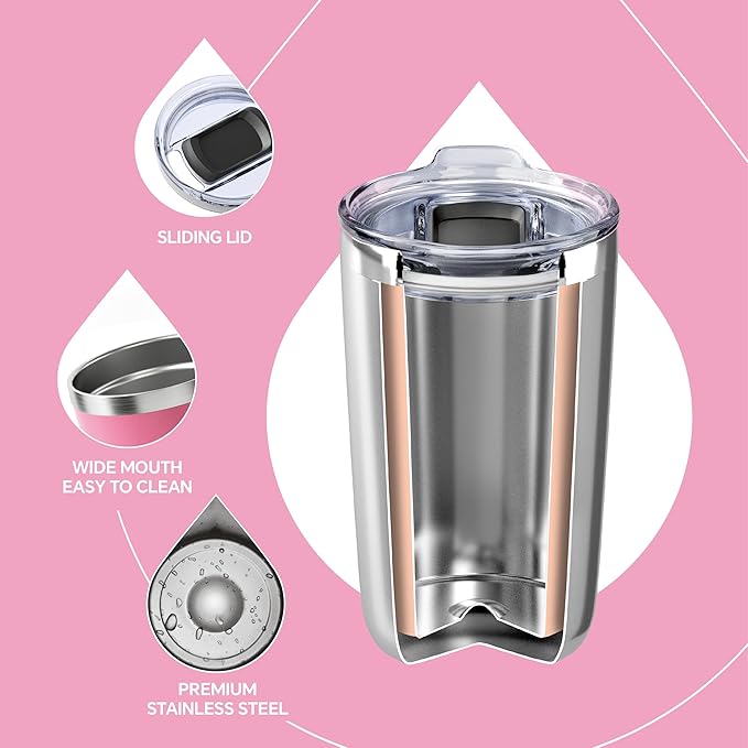 Ideus 20 oz Tumbler, Travel Coffee Mug with Splash Proof Sliding Lid, Double Wall Stainless Steel Vacuum Insulated Coffee Mug for Home and Office, Keep Beverages Hot or Cold, Pink