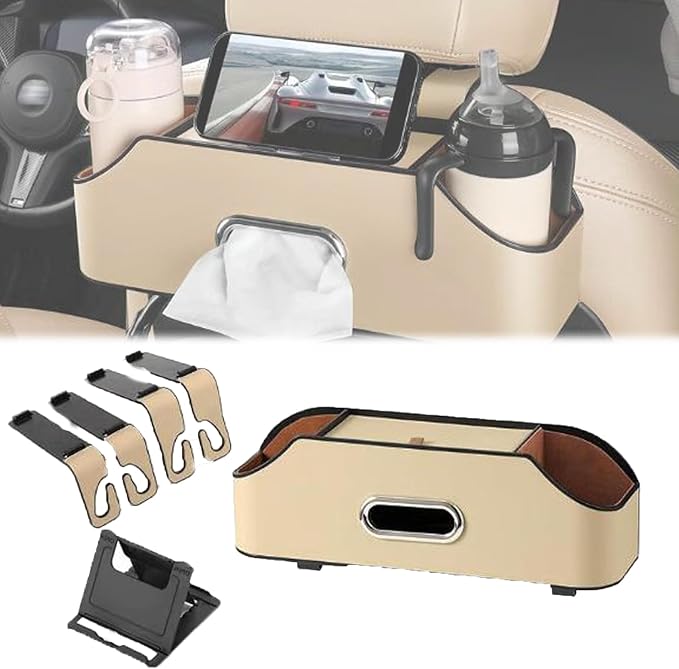 Firmstaunch Car Backseat Organizer - 2025 Best 3-in-1 Car Seat Organizer with Cup Holders, Tissue Box & Hooks | Waterproof Leather Backseat Storage for Family, SUV & Road Trip Essentials (Beige)