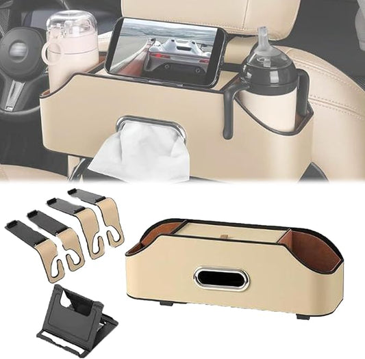 Firmstaunch Car Backseat Organizer - 2025 Best 3-in-1 Car Seat Organizer with Cup Holders, Tissue Box & Hooks | Waterproof Leather Backseat Storage for Family, SUV & Road Trip Essentials (Beige)