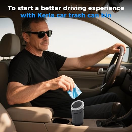 Keria Car Trash Can Bin with Lid - Mini Car Garbage Can Cup Holder-Small Leakproof Vehicle Trash Garbage Can Bin-Automotive Car Organizers and Storage for Back Seat SUV Vechile Accessories (Sliver)
